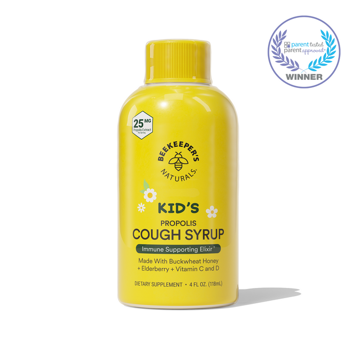 Yellow bottle of Beekeeper's Naturals Kid's Propolis Cough Syrup on a white background
